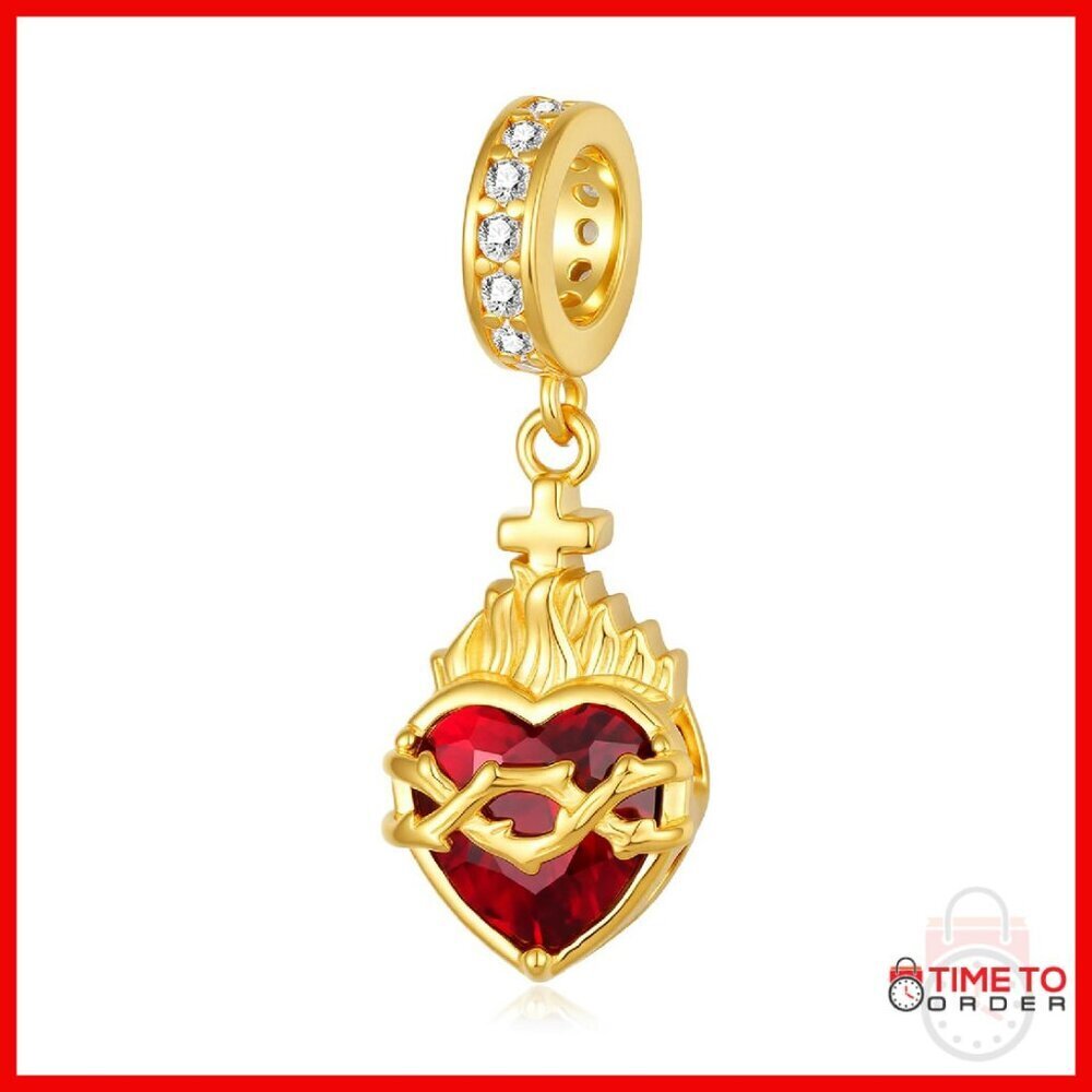 Sterling Silver Sacred Heart Charm Bead 16mm Religious Jewelry